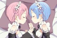 2girls blue_hair detached_sleeves dress duo eyes_closed female hair_ornament hair_ribbon headdress lying maid multiple_females on_side pillow pink_hair ram ram_(zero) rem rem_(zero) ribbon ribbon-trimmed_sleeves ribbon_trim sankaku_channel servachok short_hair siblings sisters sleeping twins x_hair_ornament zero_kara_hajimeru_isekai_seikatsu // 1280x865 // 766.9KB