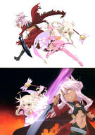10s 2girls absurdres archer_(cosplay) black_underwear brown_skin chloe_von_einzbern cosplay fate fatekaleid fatekaleid_liner_prisma_illya fatestay_night female footwear gloves hair_feathers heels holding_object illyasviel_von_einzbern kuro_von_einzbern lolibooru.moe magical_ruby multiple_females pink_feather pink_footwear prisma_illya sword underwear very_high_resolution // 2877x4098 // 1023.8KB