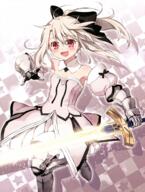 1_female albino armpits art artoria_pendragon artoria_pendragon_(all) artoria_pendragon_(lily) blush cosplay excalibur fate fatekaleid fatekaleid_liner_prisma_illya fatestay_night female gauntlets hair_ornament hair_ribbon high_resolution hiroyama_hiroshi illyasviel_von_einzbern kalmia magical_girl mature non-web_source official_art open_mouth ponytail red_eyes ribbon saber saber_lily saber_lily_(cosplay) safe solo sword tied_hair weapon white_hair // 1190x1574 // 2.7MB