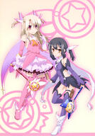 2girls absurdres fate fatekaleid fatekaleid_liner_prisma_illya fatestay_night female footwear hair_ornament heels holding_object illyasviel_von_einzbern leotard magical_ruby magical_sapphire miyu_edelfelt multiple_females pink_footwear prisma_illya purple_leotard very_high_resolution // 2859x4097 // 1.4MB