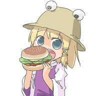 1_female blonde_hair blue_eyes burgers female food hat loli moriya_suwako open_mouth short_hair simple_background touhou white_background // 600x600 // 49.4KB