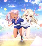 2girls ^_^ art black_legwear buruma chloe_von_einzbern danbooru dark_skin eyes_closed fate fatekaleid fatekaleid_liner_prisma_illya female footwear gym_uniform hiroyama_hiroshi illyasviel_von_einzbern kuro_von_einzbern multiple_females official_art pink_hair red_eyes running safe shoes three-legged_race uniform upper_teeth white_hair // 1955x2155 // 429.7KB