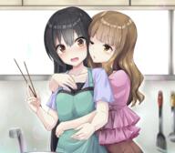 0_< 2+ 2girls ;o apron arm_around_shoulder arm_around_waist art bangs black_hair blush blushing_cheeks breasts brown_eyes brown_hair brown_legwear bubble chopsticks collarbone commentary_request eye_contact eyebrows_visible_through_hair faucet female frilled_shirt frills green_apron hair_bangs hand_up heavens_thunder_(byakuya-part2) holding_chopsticks indoors kitchen ladle long_hair looking_at_another mature multiple_females official_art one_eye_closed open_mouth original pink_shirt pixiv_id_3846633 purple_shirt real_person safe shirt short_sleeves sink spatula surprised tagme tenrai very_long_hair wavy_mouth window yuri // 2200x1920 // 2.5MB