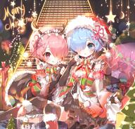 10s 2girls b_rock black_dress black_gloves black_legwear blue_eyes blue_hair blush boots bow christmas closed_mouth dress elbow_gloves english english_text female fingerless_gloves footwear fur fur_trim gift gloves hair_ornament hair_over_one_eye hat headwear maid_headdress mature merry_christmas multiple_females o one_eye_covered pink_eyes pink_hair q ram ram_(zero) red_footwear red_hat red_headwear rem rem_(zero) ribbon s safe santa_boots santa_hat short_hair siblings sisters smile snowman text thigh-highs tongue tongue_out twins x_hair_ornament zero_kara_hajimeru_isekai_seikatsu // 800x765 // 828.2KB
