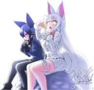 2017 2girls animal_ears animal_tail black_bow black_gloves black_legwear black_neckwear black_skirt blush bow bowtie breasts closed_mouth commentary commentary_request eating eyebrows_visible_through_hair female food fox_tails from_side fur fur_trim gloves holding_food jacket kemono_friends large_breasts long_hair mature multiple_females number oinari-sama_(kemono_friends) pantyhose red_bow_ornament silver_fox_(kemono_friends) sitting skirt sushi sweatdrop t tail wavy_mouth white_gloves white_hair white_skirt yellow_eyes yoshida_hideyuki // 1088x1048 // 1.1MB
