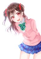 1_female absurd_resolution absurdres alternate_hairstyle arms_behind_back black_hair blue_skirt female green_neckwear hair_between_eyes high_resolution highres kobayashi_nyoromichi leaning_forward long_hair love_live! mature nico pink_cardigan plaid plaid_skirt pleated_skirt red_eyes round_teeth simple_background skirt striped_neckwear white_background // 2039x2894 // 2.5MB