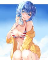 10s 1_female bangs bare_shoulders bikini blue_eyes blue_hair blue_sky blush bottle breasts cleavage cloud collarbone commentary danbooru day english_commentary female hair_between_eyes hair_clip hair_ornament hairclip head_tilt hitsukuya holding holding_bottle jacket long_sleeves looking_at_viewer mature medium_breasts off_shoulder parted_lips rem rem_(zero) safe short_hair sitting sky smile solo striped_bikini striped_pattern striped_swimsuit swimsuit water water_bottle yellow_jacket zero_kara_hajimeru_isekai_seikatsu // 845x1056 // 746.9KB