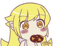 1_female bad_pixiv_id blonde_hair blush_stickers doughnut ears female food gyate_gyate long_hair monogatari mouth_hold oshino_shinobu pointy_ears reaction_images safe solo tasselcat transparent_background yellow_eyes // 1000x813 // 330.3KB