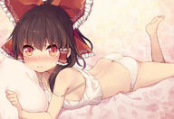 1_female ass bangs black_hair blush bow brown_hair female hair_bow hakurei_reimu long_hair looking_at_viewer lying panties pillow ponytail red_eyes sidelocks solo tears tied_hair touhou underwear // 800x551 // 119.1KB