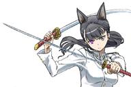 1_female animal_ears black_hair chikuwa_(tks) dog_ears dual_wielding ears extra_ears female heterochromia holding holding_object holding_sword holding_weapon katana long_hair long_sleeves military military_uniform ponytail purple_eyes safe sakamoto_mio silver_eyes simple_background solo strike_witches sword tied_hair tks_(chikuwa) uniform weapon world_witches_series // 849x562 // 323.5KB