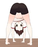 10s 1girl ass black_hair blush brown_eyes brown_hair full_body girls_und_panzer gym_uniform hamtus isobe_noriko looking_through_legs navel short_hair smile solo spats toes uniform // 900x1100 // 270.8KB