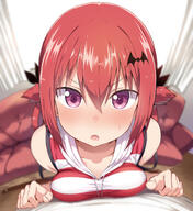 bare_arms bat_hair_ornament blurry curtains depth_of_field female fisheye gabriel_dropout hair_rings hood hoodie horizontal-striped_shirt leaning_on_person medium_breasts nose_blush perspective point_of_view satanichia_begging_for_it satanichia_mcdowell_kurumizawa shirt sleeveless_hoodie sleeveless_outfit solo_focus striped_pattern striped_shirt // 1384x1507 // 1.3MB