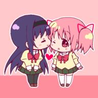 2girls ^_^ ^o^ akemi_homura animated animated_gif black_hair blue_eyes blush bow chibi eyes_closed female full_body hair_ribbon hairband hand_holding heart homura_akemi kaname_madoka kiss long_hair low_resolution lowres madoka_magica magical_girl mahou_shoujo_madoka_magica mature md5_mismatch multiple_females open_mouth pantyhose parted_lips pink_background pink_eyes pink_hair ribbon safe school_uniform shoes short_hair short_twintails simple_background skirt smile standing tama_two_(fukuya) tied_hair twintails uniform yuri // 299x299 // 210.7KB