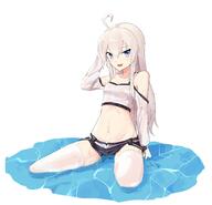 1_female ahoge bare_shoulders bustier female high_resolution highres long_hair looking_at_viewer midriff open_mouth purple_eyes safe seiza short_shorts shorts sitting smile solo sutaa_dasuto-kun thigh-highs water wet wet_clothes white_hair white_legwear zero_(zero_kara_hajimeru_mahou_no_sho) zero_kara_hajimeru_mahou_no_sho // 1767x1704 // 746.3KB