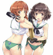 2girls adapted_costume akiyama_yukari ass back-print_panties belt blush brown_eyes brown_hair cowboy_shot crop_top d dimples_of_venus dutch_angle emblem female from_behind girls_und_panzer gloves green_panties hana_isuzu headphones looking_back midriff miho_nishizumi multiple_females nagayori nishizumi_miho no_pants ooarai_(emblem) ooarai_school_uniform open_mouth panties pouch print_panties sailor_uniform school_uniform shiny shiny_skin short_hair side-tie_panties simple_background sleeveless_outfit smile tank_shell underwear uniform white_background // 1542x1600 // 272.4KB