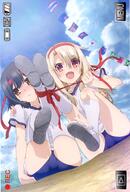 2girls art brown_eyes brown_hair buruma cover danbooru dvd_cover fate fatekaleid fatekaleid_liner_prisma_illya female footwear german_text gym_uniform headband illyasviel_von_einzbern leg_lift loli miyu_edelfelt multiple_females official_art ranguage red_eyes ribbon safe scan shoes sitting sneakers socks thigh-highs uniform viewfinder young // 1490x2202 // 1.2MB