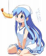 1_female bait blue_eyes blue_hair blush crustacean dress female food hat high_resolution highres hiro_hiroki ika_musume japanese_text matching_haireyes safe shinryaku!_ika_musume shrimp shrimp_tempura simple_background sitting solo tears tempura tentacle_hair translated translation_request trembling wariza white_background // 1040x1280 // 243.8KB