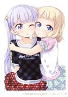 2girls ;o absurd_resolution arms_behind_back blonde_hair blue_eyes bow casual cheek_to_cheek clothes_writing collarbone eyebrows eyebrows_visible_through_hair female fish_print green_bow hair_ornament high_resolution hug layered_skirt looking_at_viewer multiple_females new_game! o3o one_eye_closed open_mouth paw_print plaid plaid_shirt polka_dot_skirt print_shirt puckered_lips purple_eyes purple_hair red_skirt sakura_nene shirt short_hair simple_background skirt star star_hair_ornament suzukaze_aoba tokunou_shoutarou white_background // 2732x3922 // 1.0MB