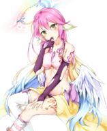 1_female arm_tattoo bare_shoulders blonde_hair blue_hair blush breasts closed_mouth elbow_gloves eyebrows_visible_through_hair female finger_to_mouth gloves groin hair_between_eyes halo hand_on_own_leg head_tilt ikasoke_(likerm6au) jibril jibril_(no_game_no_life) leg_tattoo long_hair looking_at_viewer low_wings mature medium_breasts mismatched_legwear navel no_game_no_life pink_hair purple_bikini_bottom purple_gloves simple_background sitting solo tattoo thigh-highs very_long_hair white_background white_legwear white_wings wings yellow_eyes // 886x1081 // 1.0MB