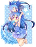 2girls >_< bare_shoulders barefoot black_gloves black_legwear blue_dress blue_hair blush blush_stickers candy cape dual_persona fangs female gloves hair_down hair_ribbon levi_russel lollipop long_hair lyrical_nanoha mahou_shoujo_lyrical_nanoha mature multiple_females on_head open_mouth polka_dot purple_eyes ribbon safe satsuki_suzuran skirt smile star thigh-highs tied_hair twintails // 619x800 // 142.6KB