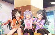 10s 3girls ^_^ art black_hair blush brown_hair clock cup d eyes_closed female hair_ornament hairclip hand_on_another's_head headpat himekawa_yuki hood hoodie idolmaster idolmaster_cinderella_girls idolmaster_cinderella_girls_starlight_stage indoors kobayakawa_sae koshimizu_sachiko long_hair multiple_females official_art open_mouth petting plant ponytail potted_plant purple_hair safe short_hair shorts sitting smile tied_hair towel // 1280x824 // 877.4KB