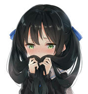 1_female azure_(sola0608) azuuru black_hair blue_ribbon blush check covering_mouth dated embarrassed eyebrows_visible_through_hair female green_eyes hair_ornament hair_ribbon hands_in_hair holding holding_hair legitimate_variation long_hair long_sleeves original revision ribbon sailor_collar scarf school_uniform shy simple_background solo tied_hair twintails uniform white_background // 2335x2507 // 685.0KB