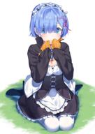 1_female apron bangs black_bow black_footwear black_jacket black_shoes blue_eyes blue_hair blunt_bangs blush bob_cut borrowed_garments bow breasts cleavage closed_mouth corset cosplay dress eyelashes female footwear frilled_apron frilled_dress frills full_body grass hair_ornament hair_over_one_eye hair_ribbon hairband hands_in_opposite_sleeves hands_in_sleeves high_resolution jacket looking_at_viewer maid matching_haireyes medium_breasts nanotaro natsuki_subaru natsuki_subaru_(cosplay) on_ground open_clothes open_jacket open_track_jacket pantyhose rem rem_(zero) ribbon safe shoes short_hair simple_background sitting sleeves_past_wrists solo track_jacket waist_apron wariza white_apron white_background white_bow white_legwear x_hair_ornament zero_kara_hajimeru_isekai_seikatsu 彼ジャージ // 1500x2124 // 2.0MB