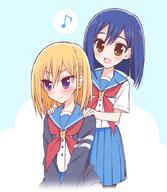 2girls alternate_hairstyle aqua_background blonde_hair blue_hair blush brown_eyes cardigan cocona commentary_request d eighth_note female flip_flappers hair_down hair_ornament hairclip hands_on_another's_shoulders kokomine_cocona matching_hairstyle multiple_females musical_note neckerchief open_cardigan open_clothes open_mouth pleated_skirt purple_eyes quaver red_neckerchief red_neckwear s safe sailor_uniform school_uniform short_hair skirt smile sou_(mgn) spoken_musical_note uniform v-shaped_eyebrows wavy_mouth yayaka yuri // 765x880 // 292.8KB