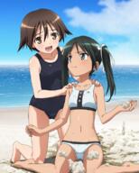 2girls aqua_eyes art ass_visible_through_thighs bangs barefoot beach bikini black_hair blue_sky blue_swimsuit blush breasts brown_eyes brown_hair buttons closed_mouth cloud collarbone creator d day feet female francesca_lucchini full_body green_eyes green_hair groin hair_between_eyes hair_flaps hair_ornament hair_ribbon hands_on_another's_shoulders holding kneeling legs_apart loli long_hair looking_at_another looking_at_viewer looking_up miyafuji_yoshika multiple_females navel nervous_smile ocean official_art old_school_swimsuit on_ground one-piece_swimsuit open_mouth orange_eyes outdoors parted_bangs pout raised_eyebrows ribbon sand school_swimsuit shadow short_hair sitting sky small_breasts smile sports_bikini spread_legs spreading straight_hair strike_witches sweat sweatdrop swimsuit swimwear t tan tears tied_hair tiptoes twintails v-shaped_eyebrows wariza white_bikini white_ribbon white_swimsuit world_witches_series // 640x800 // 661.1KB