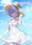 10s 1_female blue_eyes blue_hair blue_sky blush breasts chagoon cleavage cloud collarbone cowboy_shot d daisy danbooru day dress eyebrows_visible_through_hair female flower hat hat_flower hat_ribbon headwear high_resolution highres looking_at_viewer mature medium_breasts open_mouth outdoors questionable rem rem_(zero) ribbon safe see-through short_hair sky sleeveless_dress sleeveless_outfit smile sntl222 solo standing straw_hat sun_hat sunlight white_dress white_flower white_ribbon zero_kara_hajimeru_isekai_seikatsu レムリナ・ヴァース・エンヴァース 白いワンピースを着たレム // 1200x1697 // 1.5MB