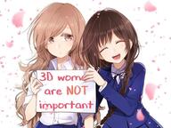 2girls 3dpd announcement brown_eyes brown_hair collared_shirt commentary_request eyes_closed female futaribeya holding_sign kawawa_sakurako light_brown_hair multiple_females original petals school_uniform shirt sign uniform yamabuki_kasumi yukinokoe // 960x720 // 81.7KB