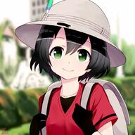 1_female alternate_eye_color animal_ears backpack bag black_gloves black_hair bucket_hat building collarbone commentary_request eyebrows_visible_through_hair eyelashes feathers female garden gloves green_eyes hair_between_eyes hannah_steller hat hat_feather house kaban kemono_friends looking_at_viewer outdoors parody shirt short_hair short_sleeves smile solo tareme_eyes twitter_username upper_body weshika // 1000x1000 // 123.6KB