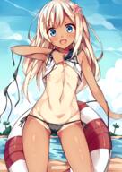 1_female alternate_costume archway_of_venus arm_at_side ass_visible_through_thighs beach bikini bikini_aside black_bikini black_swimsuit blonde_hair blue_eyes blush bracelet breasts clothes_lift commentary_request cowboy_shot dark_skin day female female_only flower gelbooru groin hair_flower hair_ornament hibiscus high_resolution jewelry kantai_collection lifebuoy lifted_by_self lolibooru lolibooru.moe long_hair md5_mismatch micro_bikini one-piece_tan open_mouth outdoors partially_visible_vulva revision ro-500_(kantai_collection) sailor_collar sankaku_channel shirt shirt_lift small_breasts solo swimsuit tan tan_lines tanned thighs tongue top_lift unacchi unacchi_(nyusankin) vulva うなっち 呂500 表紙ろーちゃん // 1032x1457 // 1.3MB