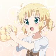 11_aspect_ratio 1_female ahoge blonde_hair blue_eyes blush bread d female food gochiusa_500_users_bookmark gochuumon_wa_usagi_desu_ka? green_eyes happy high_resolution kirima_sharo mature melon_bread open_mouth red_star_(toranecomet) reddosuta safe shirt short_hair smile solo t-shirt tied_hair twintails なにこれかわいい れっどすたぁ シャロ メロンパン 桐間紗路 部屋着シャロ // 1500x1500 // 1.3MB