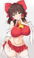 1_female ascot bare_shoulders black_hair bow breasts brown_eyes brown_hair clothes_lift cowboy_shot crop_top curvaceous detached_sleeves female groin hair_bow hair_ornament hair_tubes hakurei_reimu hand_on_own_face head_tilt high_resolution karatakewari large_breasts lifted_by_self lingerie looking_at_viewer male microskirt midriff nagaresa navel panties pixiv_63171774 pleated_skirt questionable red_bow_ornament red_skirt side-tie_panties simple_background skindentation skirt skirt_lift smile solo standing thigh-highs thighs touhou underwear white_legwear からたけわり マイクロミニスカート 乳巫女 東方グラマラス 臍巫女 霊夢さん // 850x1436 // 821.5KB
