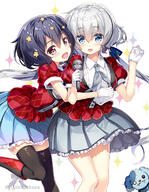 10s 2girls bangs black_footwear black_legwear blue_eyes blue_hair blue_ribbon blue_skirt blush boots breasts brown_flower collared_shirt commentary_request d eyebrows_visible_through_hair female flower footwear fujima_takuya gloves grey_neckwear grey_skirt hair_between_eyes hair_flower hair_ornament hair_ribbon holding holding_microphone hug hug_from_behind jacket knee_boots konno_junko long_hair low_twintails mature microphone mizuno_ai mocochin multiple_females neckerchief open_mouth pixiv_22526 pixiv_72201705 plaid_jacket pleated_skirt puffy_short_sleeves puffy_sleeves red_eyes red_jacket ribbon safe shirt short_sleeves silver_hair simple_background skirt small_breasts smile sparkle standing standing_on_one_leg thigh-highs tied_hair twintails very_long_hair white_background white_gloves white_shirt zombie_land_saga ゾンビランドサガ ゾンビランドサガ1000users入り 水野愛 純愛コンビ 藤真拓哉@4号館ア−03ab 藤真拓哉@お仕事募集中 // 600x772 // 395.9KB