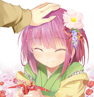 1_female ^_^ blush efe eyes_closed female flower hair_flower hair_ornament headpat hieda_no_akyuu holding origami paper_crane patsu petting pink_hair short_hair smile solo_focus touhou // 700x725 // 473.8KB