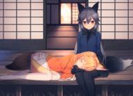 10s 2girls animal_ears animal_tail black_gloves black_hair black_legwear blonde_hair blush ears eyes_closed ezo_red_fox_(kemono_friends) female fox_ears fox_tail gelbooru gingitsune gloves hizamakura kawami_nami kemono_friends kitakitsune lap_pillow long_hair mature multicolored_hair multiple_females pantyhose porch safe silver_fox_(kemono_friends) silver_hair sleeping sliding_doors tail tatami white_legwear yuri // 1113x800 // 732.4KB