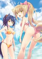 2girls amano_sakuya animal_ears animal_tail art ass bikini blonde_hair blue_hair blush breasts cloud clouds d ears fangs female fox_ears fox_tail konohana_kitan long_hair looking_at_viewer looking_back medium_breasts multiple_females navel official_art open_mouth ponytail safe satsuki satsuki_(konohana_kitan) sky small_breasts smile standing swimsuit tail tied_hair yellow_eyes yuzu yuzu_(konohana_kitan) // 614x875 // 100.0KB