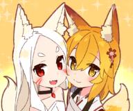 2girls 3 animal_ear_fluff animal_ears animal_tail apron bangs bare_shoulders blonde_hair blush choker d dot_nose ears eye eyebrows fangs female flower fox_ears fox_tail gelbooru hair_flower hair_ornament lolibooru.moe looking_at_viewer multiple_females open_mouth red_eyes ribbon ribbon_trim safe senko senko_(sewayaki_kitsune_no_senko-san) sewayaki_kitsune_no_senko-san shiro shiro_(sewayaki_kitsune_no_senko-san) smile sparkle_background tail white_hair yellow_eyes yoru_nai // 1051x874 // 426.3KB
