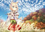 1_female animal_ears blonde_hair blue_eyes blush bow detached_sleeves female morerin original short_hair skirt sky tail // 5015x3541 // 2.1MB