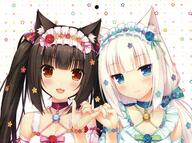 animal_ears bangs bell bell_collar blue_eyes blunt_bangs brown_hair cat_ears chocola chocola_(sayori) collar female happy headdress long_hair multiple_females nekopara open_mouth sayori smile tied_hair tsurime twintails vanilla vanilla_(sayori) white_hair // 1500x1119 // 378.5KB