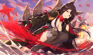 1_female akagi_(azur_lane) animal_ears animal_tail azur_lane bangs black_gloves black_hair black_kimono blunt_bangs cloud cloudy_sky day ears explosion female fox_ears fox_tail gloves hakama hakama_skirt hand_up japanese_clothes kibanda_gohan kimono kitsune knee_up kneeling long_hair multiple_tails mythical obi ocean one_knee open_clothes open_kimono outdoors outstretched_arm parted_lips partly_fingerless_gloves pleated_skirt red_eyes red_skirt ripples sash sidelocks skirt sky solo tail tareme_eyes thigh-highs thighs very_long_hair wide_sleeves // 1678x1000 // 984.5KB