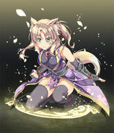 1_female animal_ears animal_tail black_legwear blonde_hair breasts dog_days ears elbow_gloves female fingerless_gloves fox_ears fox_tail gloves green_eyes hair_ribbon japanese_clothes magic_circle medium_breasts no_panties petals ponytail ribbon safe shinohara_shinome smile solo squatting tail thigh-highs tied_hair yukikaze yukikaze_panettone // 1000x1172 // 637.8KB