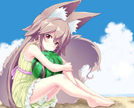 1_female animal_ears animal_tail barefoot brown_eyes brown_hair canine cloud day dress ears female food fox fox_ears fox_girl fox_tail frilled_dress frills fruit in_profile long_hair looking_at_viewer mammal noa_(nagareboshi) original safe sitting sky smile solo sundress tail watermelon yellow_dress // 1000x807 // 539.3KB