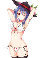 1_female ;) alternate_costume armpits arms_up bikini black_legwear blue_hair bow_bikini breasts cleavage female flower food front-tie_top fruit hair_flower hair_ornament hairclip hat headwear hinanawi_tenshi large_breasts leaf long_hair looking_at_viewer navel one_eye_closed peach red_eyes side-tie_bikini simple_background smile solo swimsuit tetsurou_(fe+) thigh-highs touhou white_background white_bikini // 707x1000 // 250.6KB