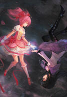 2_females akemi_homura black_hair eyes_closed female flower frills gloves homura_akemi kaname_madoka long_hair madoka_magica magical_girl mahou_shoujo_madoka_magica multiple_females pantyhose pink_hair ribbon safe shield shoes short_hair tied_hair twintails weapon // 1027x1468 // 804.9KB