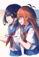 2girls antenna_hair blue_eyes blue_hair blue_skirt brown_eyes cocona d female flip_flappers hair_between_eyes kokomine_cocona long_hair looking_at_another looking_at_viewer multiple_females open_mouth papika papika_(flip_flappers) pleated_skirt red_neckwear roll_okashi safe shirt skirt smile upper_body // 552x800 // 501.7KB