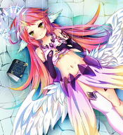 10s 1_female ahoge angel_wings blush book breasts crop_top eiba feathered_wings feathers female gloves halo jibril jibril_(no_game_no_life) large_breasts long_hair looking_at_viewer low_wings lying magic_circle medium_breasts multicolored_hair navel no_game_no_life on_back pink_hair safe smile solo tattoo thigh-highs white_wings wing_ears wings yellow_eyes // 1000x1100 // 1.1MB