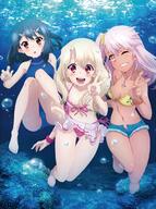 3girls armpits art bare_shoulders barefoot bent_knees bikini black_hair blonde_hair blush breasts brown_eyes bubble chloe_von_einzbern competition_swimsuit contentious_content creator dark-skinned_female dark_skin fate fatekaleid fatekaleid_liner_prisma_illya feet female flat_chest hair_ornament illyasviel_von_einzbern kuro_von_einzbern loli long_hair looking_at_viewer miyu_edelfelt multiple_females navel official_art one-piece_swimsuit one_eye_closed open_mouth peace pink_hair red_eyes sankaku_channel short_hair silver_hair small_breasts smile submerged swimsuit thighs underwater upscaled water wink young // 885x1189 // 1.3MB